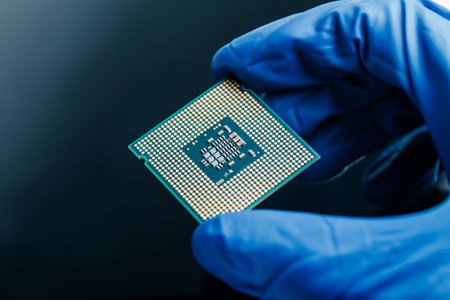Close-up view on a new semiconductor microchip in gloved hand of computer scientist. Modern technology and hardware developmentの写真素材