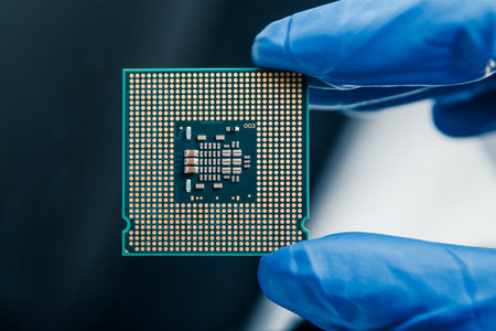 Close-up view on a new semiconductor microchip in gloved hand of computer scientist. Modern technology and hardware developmentの写真素材