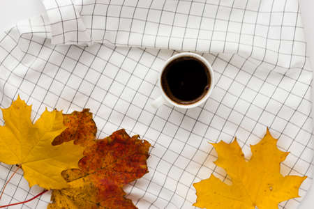 Autumn composition. Cup of coffeecup, autumn leaves on on white checkered cloth. Flat lay, top view, copy spaceの写真素材