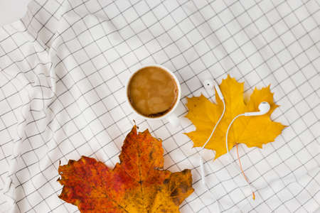 Autumn composition. Cup of coffeecup, autumn leaves and earphones on white checkered cloth. Flat lay, top view, copy spaceの写真素材