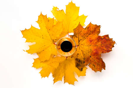 Autumn vibe composition. Blank greeting card mockup. PErfume jar, colorful maple leaves. White table background. Flat lay, top view.の写真素材