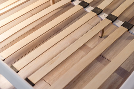 Wooden slats for arthopedic base of double bed. Interior structure of furnitureの写真素材