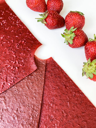 Red strawberry fruit leather slices and berries on white background. Top view, flat lay