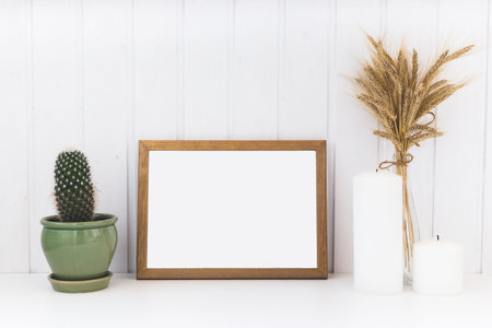Image of mockup scene with empty wooden frame.