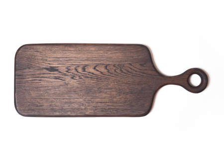 Handmade rustic wooden kitchen board isolated on whiteの写真素材