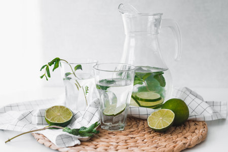 Detox water with lime fruit and mint leaves in jar and glasses.の写真素材