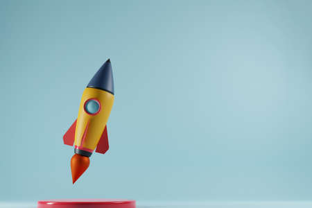 Launched rocket with copy space for text on blue background. Startup business concept. 3D rendering.の写真素材