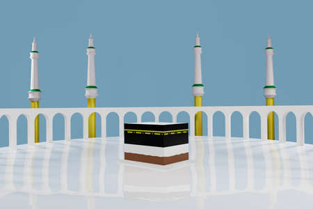 islamic pilgrimage. Kaaba for hajj steps in Al-Haram Mosque Mecca Saudi Arabia on blue sky - Eid Adha Mubarak. 3d rendering.の写真素材