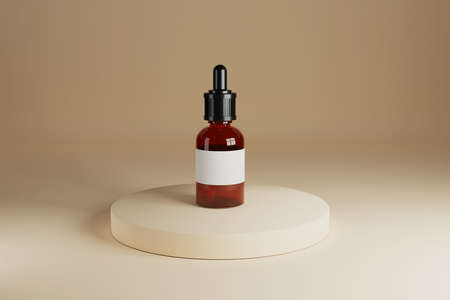 Mockup of essential oil glass bottle. 3d render design. Jar for cosmetic on pedestal compositionの写真素材