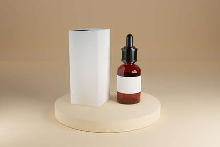 Brown glass cosmetic bottle mock-up with blank white box on stage. 3d render.の写真素材