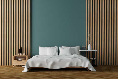 Modern bedroom interior with white sheets and wooden with upright wooden lathes wall decorの写真素材