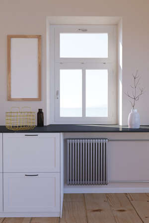 Room interior. furniture with heating radiator, window and empty wood frame on wall.の写真素材