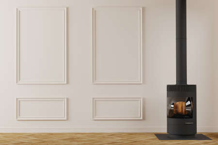 Modern black metal fireplace in empty room interior. Classical wall design with mouldings. 3d renderの写真素材