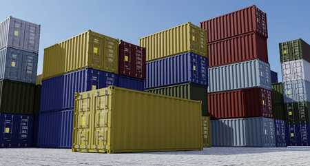 Stack of containers in a logistic storage dock with blue sky on background. 3d renderの写真素材