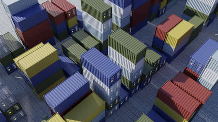 Containers for ship in harbor. Logistics. Shipping cargo at dock. Aerial view. 3d renderの写真素材
