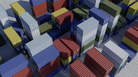 Containers for ship in harbor. Logistics. Shipping cargo at dock. Aerial view. 3d renderの写真素材