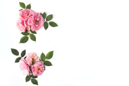 Flowers composition made of pink roses isolated on white background. Floral design. Flat lay, top view, copy spaceの写真素材