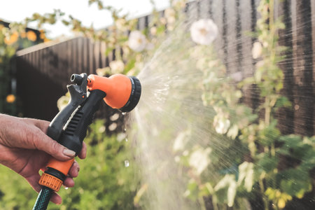 garden hose and spray gun on hand to water the green field.