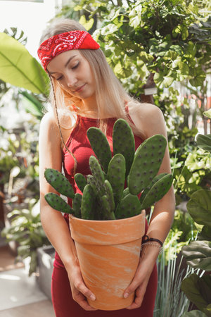 Woman holding big pot with cactus in gardenの写真素材