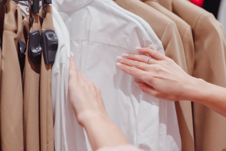 Woman shopping in fashion mall, choosing new clothes, looking through hangers with different casual colorful garments on hangers, close up of handsの写真素材
