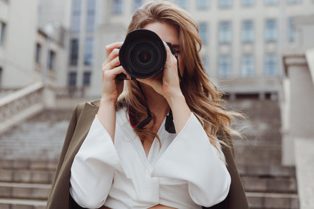 Portrait of woman photographer covering her face with camera outdoors.