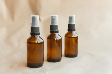 Set of amber bottles for essential oils and cosmetics. glass bottle. Dropper, spray bottle