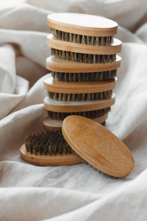 Beard brush on wooden furniture, Boar bristle beard brush