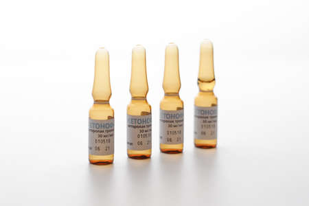 Minsk, Belarus-December 04, 2021: Ampoules ketanof, ketorolac non-steroidal anti-inflammatory drug on white backgroundの写真素材