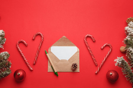 Christmas and New Year concept. Blank white card in envelope next to candy canes on red background,...