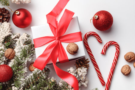 Christmas or New Year background, plain composition made of decorations and fir branches, flat lay, top view, blank space for textの写真素材