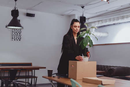 Dismissed young brunette woman in black suit packing personal belongings into box in officeの写真素材