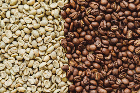 Raw green and roasted coffee beans texture background. Roasting coffeeの写真素材