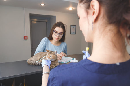 Young woman pet owner signs documents for prescriptions in veterinary clinic. Cat on counterの写真素材