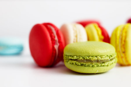 Sweet and colorful french macaroons or macaron close up view, Dessert.