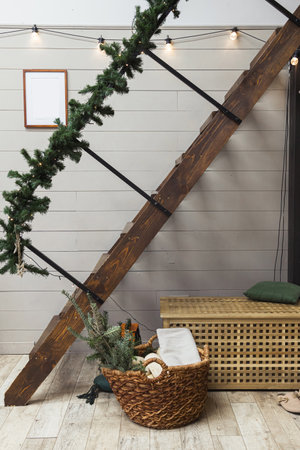The stairs are decorated in Christmas style. Side viewの写真素材