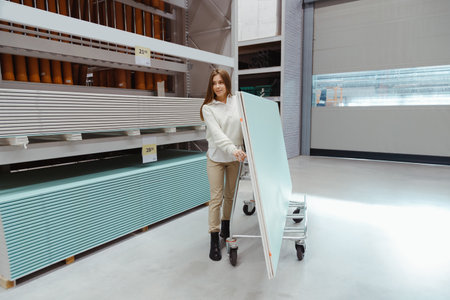 Young woman carrying trolley cart with drywall sheets in hardware storeの写真素材