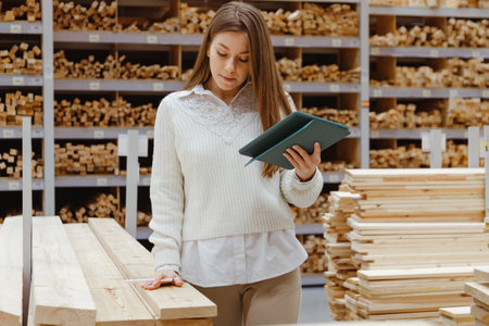 Woman with tablet in a timber and lumber warehouse or hardware store. Product acceptance and quality control. Worker woman expert and storekeeper.の写真素材
