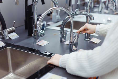 Pretty young woman choosing a bathroom/kitchen tap in a home furnishings retail store.の写真素材