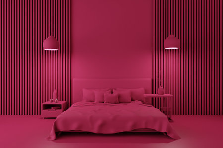 Modern bedroom interior in magenta monochrome color, metaverse virtual interior concept. 3d renderingの写真素材