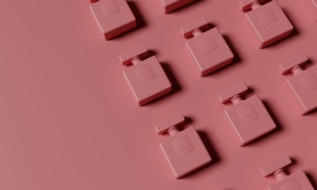 Fragnance parfume jars pattern. Single color pink bottles patternon pastel pink background with copyspace, top view. flat lay. Fragrance perfume mockup. Trendy sunlight minimal concept. Sunlight. 3d renderingの写真素材