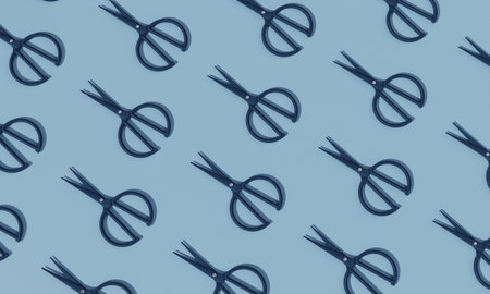 Seamless colorful pattern of blue Sewing Scissors on blue background. Minimalist Conceptual modern...