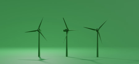 Conceptual composition with Green Energy Electricity Windmill Turbines for electric power production on green background, 3d rendering. Renewable energy resourceの写真素材