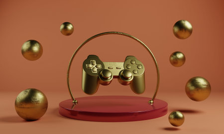 Levitating golden console gamepad on stage for winner. 3D rendering. Minimalistic still life. video...