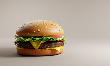 Minimalist illustration of cheeseburger on beige background. 3d renderingの写真素材