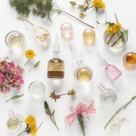 Cosmetics or Perfume ingredients. Jars with powder, dry flowers, natural greens on white background. flat lay. Aroma theme. Generative AIの素材