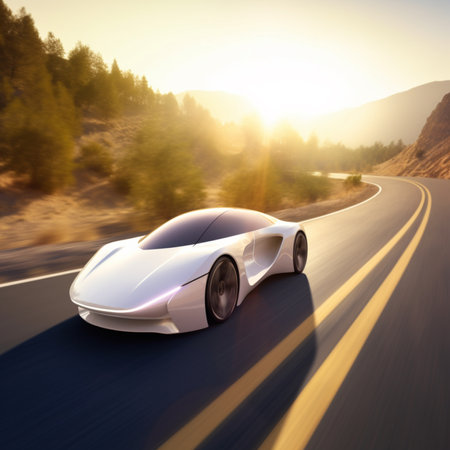 Electric vehicle super car on mountain road, sunset in summer. Generative AIの素材