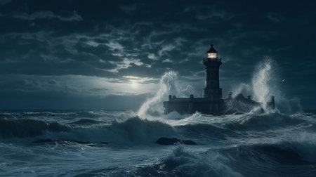 Old Lighthouse on Island in Stormy Ocean, In Night with moonlight. Generative AIの素材