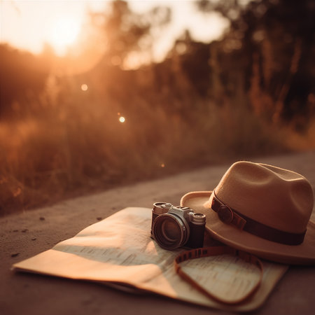 Retro Camera, hat and accessories for trip in the field. Summer Golden Hour travel concept. AI generative imageの写真素材