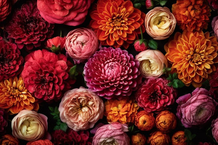 Dense floral background, abundance of buds of chrysanthemums and peonies. AI generative