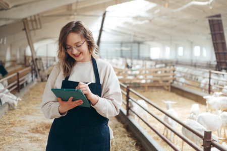 Young Caucasian Female Farm Owner with Tablet in large Livestock Stall with white Dairy Goats.の写真素材